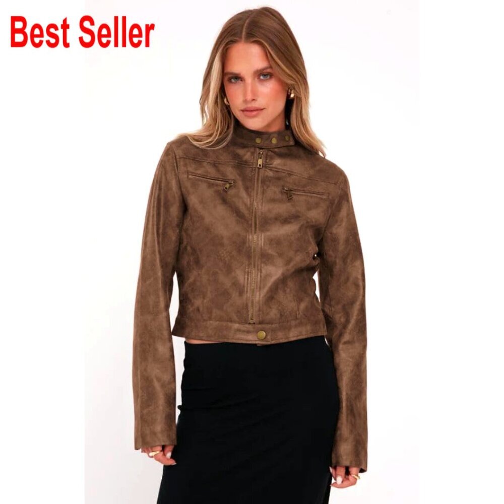 Faux Leather Cropped Motorcycle Jacket Zip Up Stand Collar Vintage Style - Picture 4 of 7